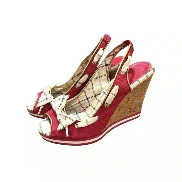 [8B]Coach Twirlino Twirling Open Toe Cork Wedges Bow  Detail Pink Plaid - Picture 1 of 10